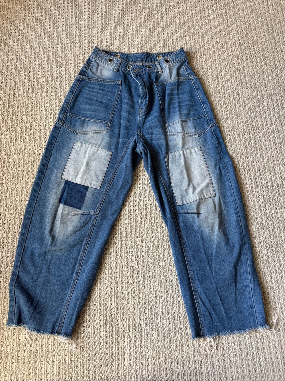 Patchwork Denim Wide Leg Jeans Grommet Waist Utility Cargo Pa